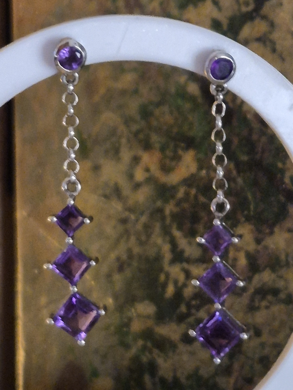 Sterling Silver 3 Square Graduated Cut Amethyst  Dangle Drop Chandelier Earrings